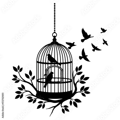 Birds escaping cage, freedom concept, silhouette illustration.