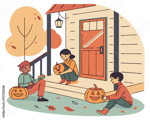 Fall Family Fun Illustration showing children carving jack-o-lanterns on a porch while their parents enjoy hot apple cider nearby, highlighting family bonding during harvest season.