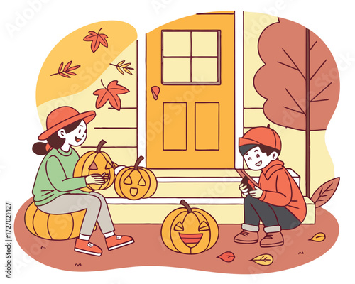 Fall Family Fun Illustration showing children carving jack-o-lanterns on a porch while their parents enjoy hot apple cider nearby, highlighting family bonding during harvest season.