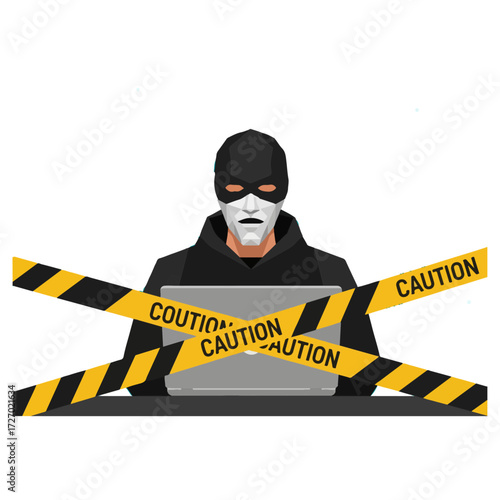 Anonymous masked hacker behind a laptop with caution tape.
