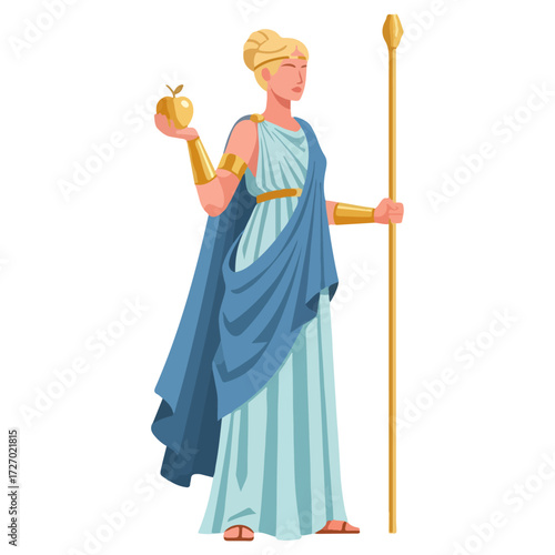 Illustration of a Greek Goddess Holding an Apple and Staff.