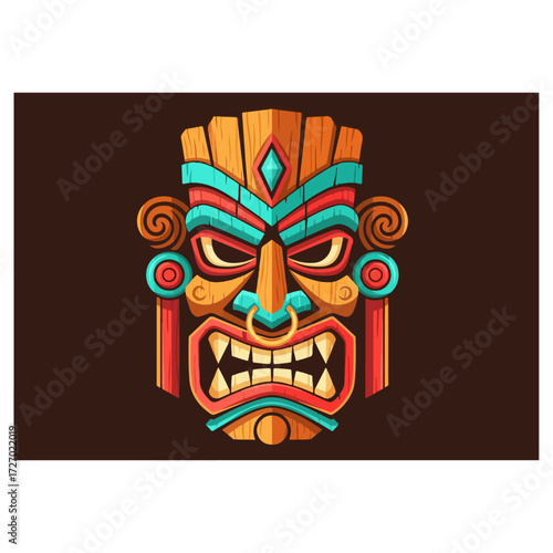 Colorful Wooden Tiki Mask with Intricate Carvings and Fierce Expression.