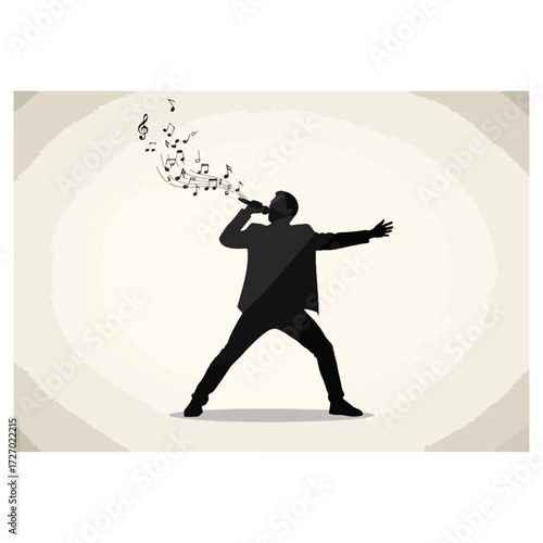 Silhouette of a Man Singing into a Microphone with Musical Notes.
