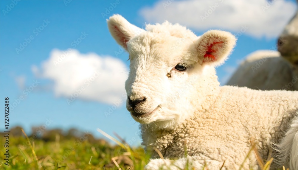 Obraz premium Fluffy lamb lies in green grass, under a bright blue sky dotted with white clouds