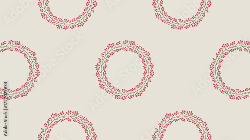 Seamless pattern of berry wreaths on a light beige background with a festive and decorative feel to it