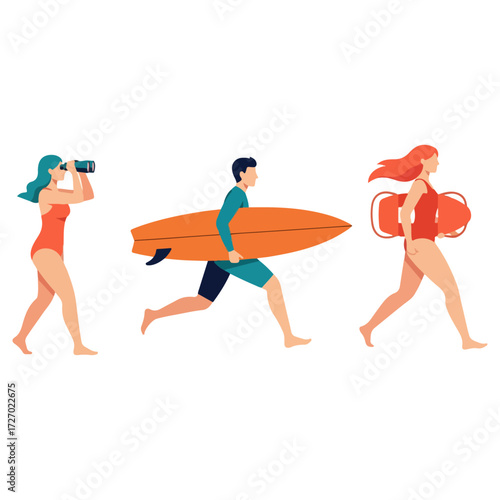 Lifeguard, surfer, and observer running on the beach.
