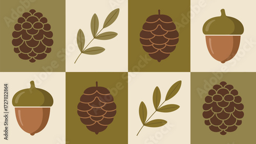 A pattern of pine cones acorns and leaves in a square grid with alternating color backgrounds and shapes