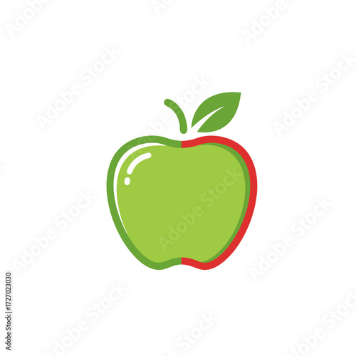 Green apple illustration with red outline and leaf on white background  