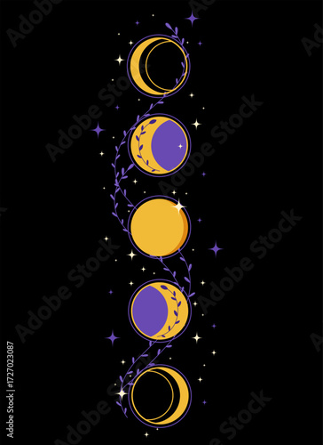 Moon phase illustration, numerology, and astrology. Flat style illustration