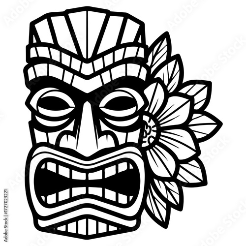 Traditional Polynesian Tiki Mask with Hibiscus Flower Illustration.