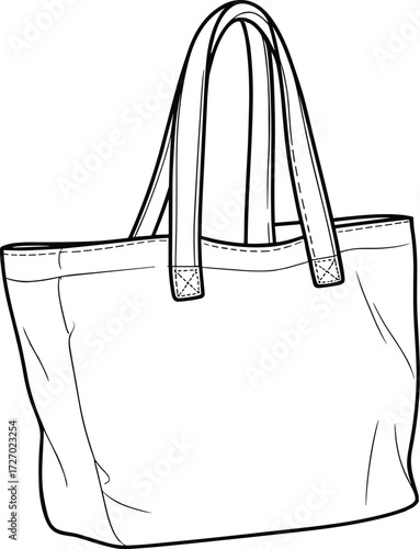 Black and white tote bag line drawing, minimalist shoulder bag sketch, eco friendly reusable fabric bag illustration, sewing pattern design template