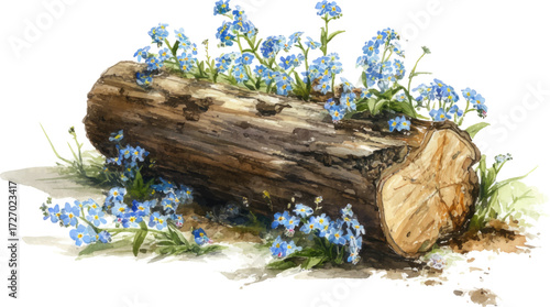 Watercolor painting of a wooden log with forget-me-nots on a white background.
