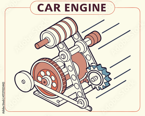 Detailed cutaway illustration of a car engine showing pistons, gears, and mechanical parts, with labeled components in an educational infographic style.