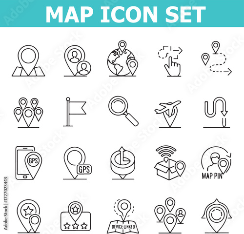Versatile set of clean, modern map and navigation icons for travel, business, and lifestyle applications.