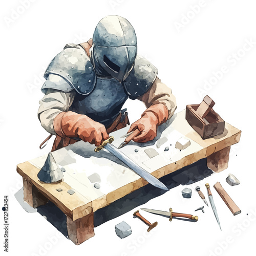 Armorer At Work, watercolor clipart vector, isolated on a white background.