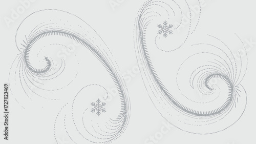 Two silver swirling designs with snowflake accents on a white background creating a wintery feel