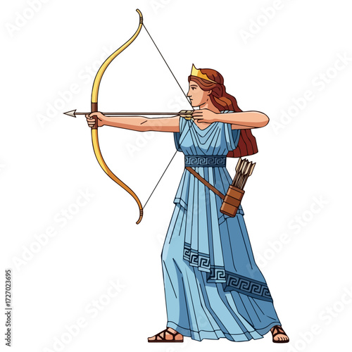 Ancient Greek Goddess Archer Aiming Bow and Arrow.