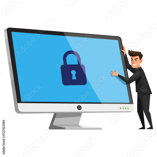 Computer security expert protecting digital data with lock.