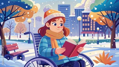 A very beautiful close up portrait of young girl sitting in wheelchair and reading book, warmly dressed, enjoying peaceful winter afternoon in snowy city park, soft snowflakes falling around her 