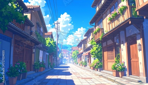 An anime-styled street scene features traditional Japanese buildings lining a paved road. Bright blue skies with fluffy clouds dominate, suggesting a sunny day