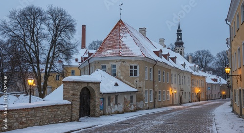 Winter scene of old european town