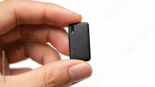 Wallpaper Mural A miniature smartphone held between two fingers, displaying its sleek design,A macro shot of a person holding a tiny mobile phone, emphasizing its small size Torontodigital.ca