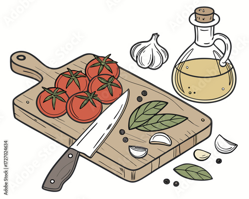 Culinary ingredients still life in vector realism with a wooden cutting board, chef knife, tomatoes, basil leaves, garlic cloves, olive oil bottle with reflections, and peppercorns,