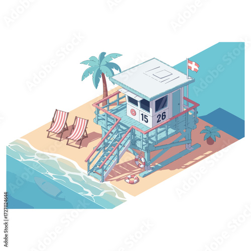 Isometric Lifeguard Tower on a Sandy Beach Illustration.