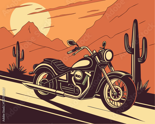 Classic cruiser motorcycle in black and chrome, parked near a desert road with cacti, mountains, and a dramatic orange sunset sky.