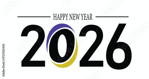 Happy new year 2026 text with a stylized zero in purple and yellow, isolated on white background