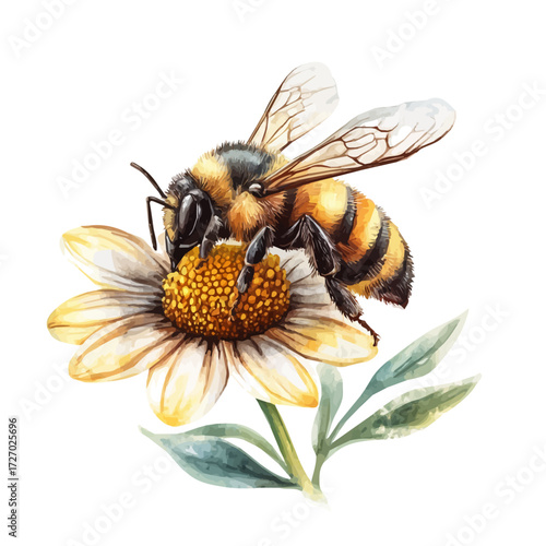 Bee On Flower, watercolor drawing vector, isolated on a white background.