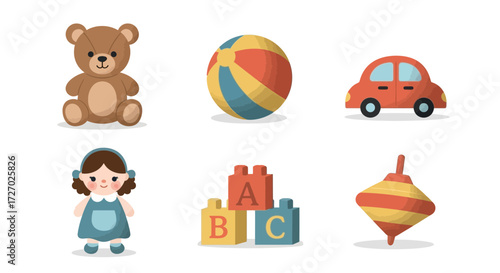 A collection of various colorful toys designed for children's playtime  Vector illustration