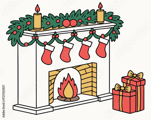 Brightly colored garlands, wreaths, candles, bells, and stockings adorning a mantelpiece, conveying the spirit of celebration and decoration typical of the Christmas holidays.