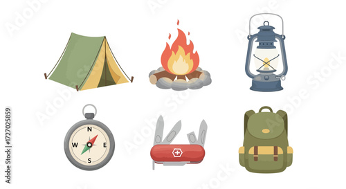 Camping essentials icon set including a tent, bonfire, lantern, compass, knife, and backpack, perfect for outdoor adventures. These elements captures the spirit of exploration. Vector illustration