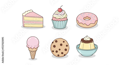 An assortment of colorful, delicious desserts, featuring a cake slice, cupcake, donut, ice cream, cookie, and pudding Vector illustration