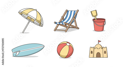 Beach accessories set of six cartoon illustration, evokes the relaxed atmosphere of a sunny day at the beach Vector illustration
