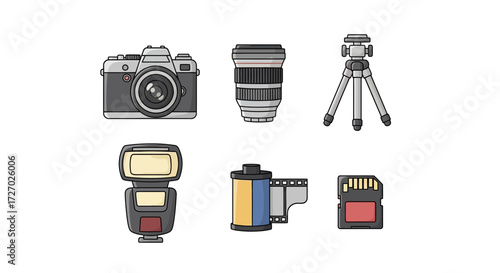 A collection of essential photography equipment, including a camera, lens, and tripod, ready for capturing stunning images Vector illustration