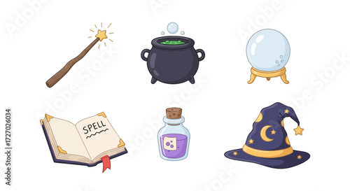 A collection of magical items on display, including a spell book, wand, potion bottle, crystal ball, cauldron, and wizard hat Vector illustration