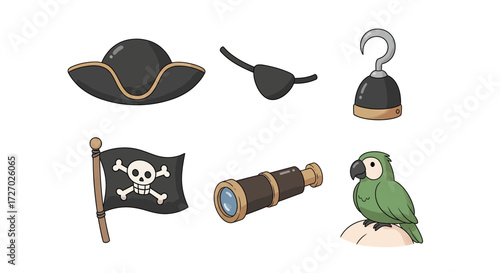 Set of pirate-themed illustrations, including a hat, eye patch, hook, flag, spyglass, and parrot. A set of illustrative elements, capturing the essence of a pirate's life Vector illustration
