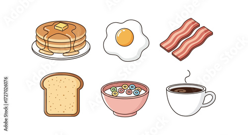 Delicious and diverse breakfast items arranged on a surface. A tasty morning meal, ready to start your day. Vector illustration