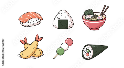 A delightful assortment of Japanese cuisine, showcasing sushi, ramen, and other traditional dishes. Vector illustration