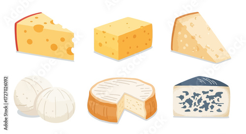 A variety of delicious cheese, each with its unique shape and texture, arranged in a captivating display Vector illustration