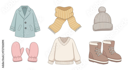 Collection of winter clothes including coat, scarf, hat, mittens, sweater, and boots. This collection is perfect for staying warm and fashionable during the cold season Vector illustration