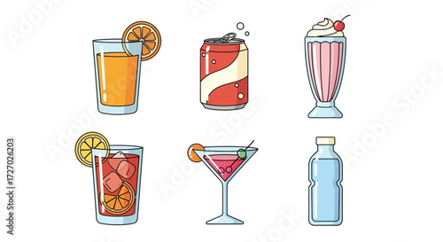 A Variety of Refreshing Beverages Illustrated on a clean backdrop Vector illustration