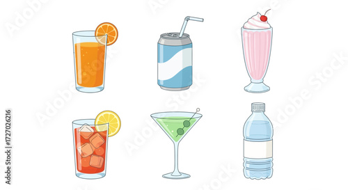 Variety of refreshing drinks, including orange juice, soda, milkshake, iced tea, cocktail and water Vector illustration