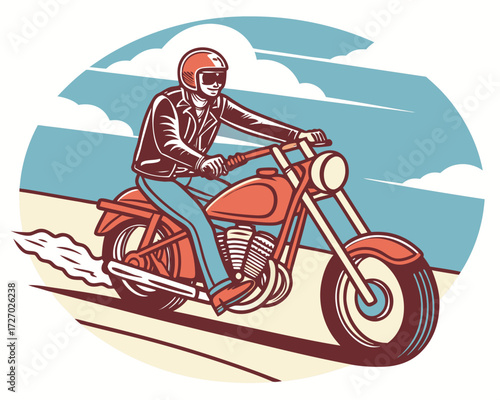 Biker character in leather jacket and helmet riding a chopper motorcycle with long handlebars, flames painted on the fuel tank, and an open highway behind.