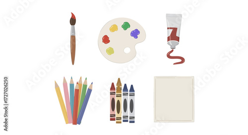 A collection of art supplies arranged in an organized manner. The set includes various tools used for painting and drawing Vector illustration