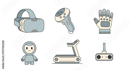 Illustrative display of futuristic technology: VR headset, controllers, and a robot with exercise machine  Vector illustration