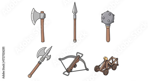 Medieval weaponry set, featuring an axe, spear, mace, halberd, crossbow, and catapult Vector illustration