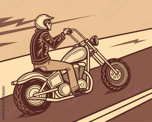 Biker character in leather jacket and helmet riding a chopper motorcycle with long handlebars, flames painted on the fuel tank, and an open highway behind.